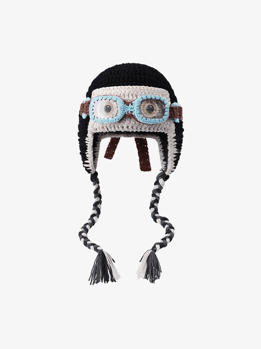 Colorblock Crochet Goggles Trapper Hat
