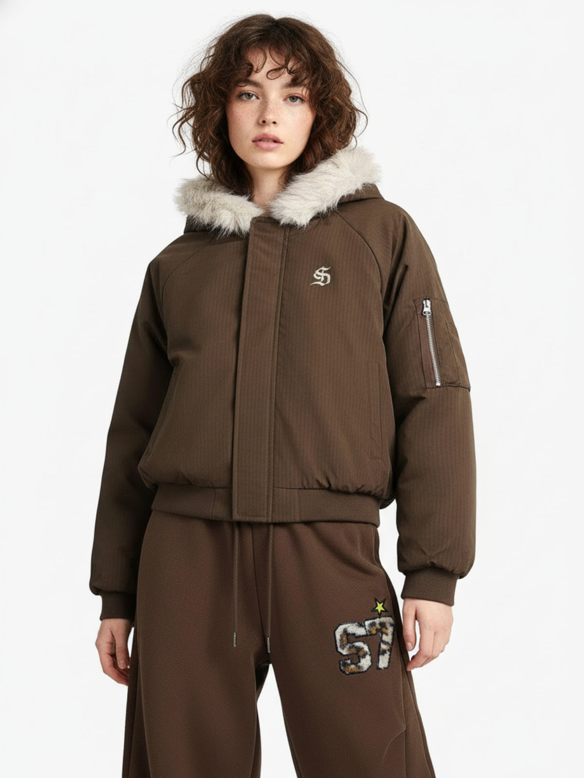 Retro Fur Hooded Fleece Bomber Jacket - 2478