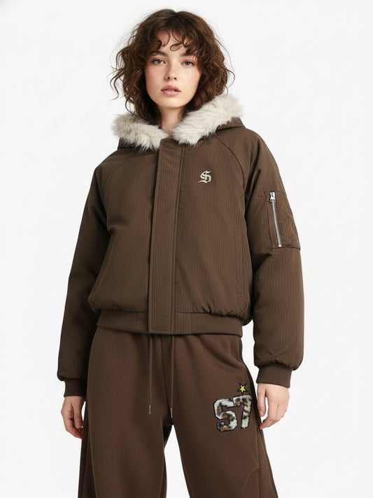 Retro Fur Hooded Fleece Bomber Jacket - 2478