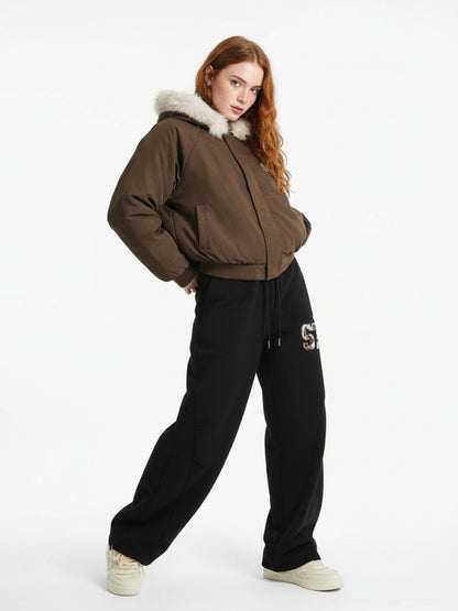 Retro Fur Hooded Fleece Bomber Jacket - 2478