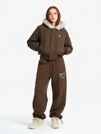 Retro Fur Hooded Fleece Bomber Jacket - 2478