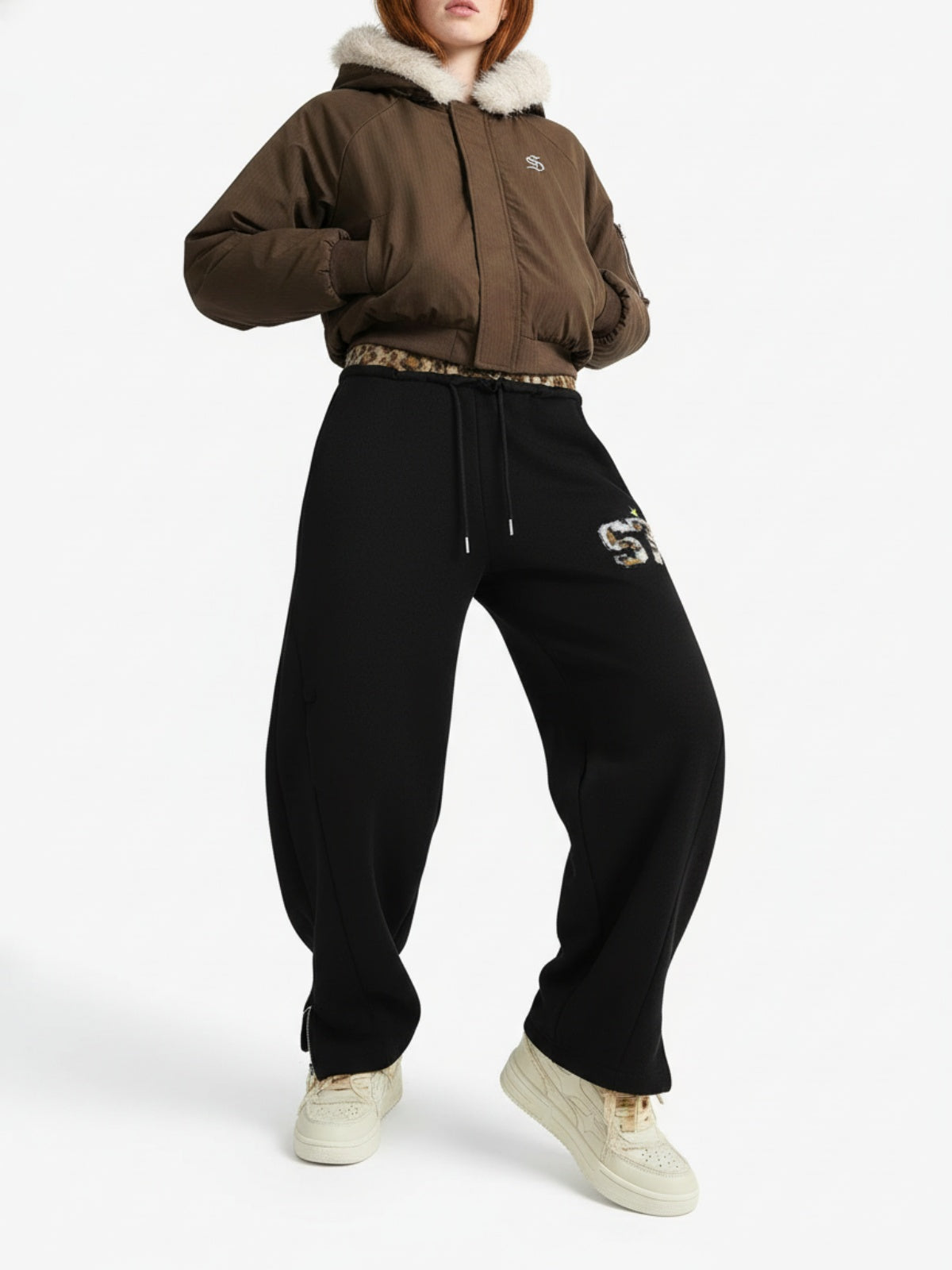 Retro Double-Waist Leopard Patch Barrel Pants