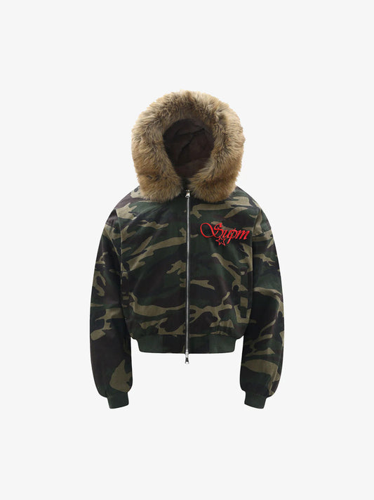 Embroidered Detachable Fur Hooded Jacket