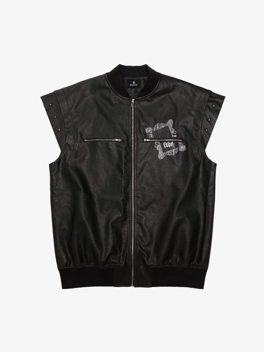 Thorn Destruction Frame Pattern Leather Vest 