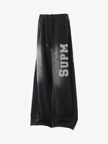 French Terry Distressed Gradient Drawstring Wide Leg Pants