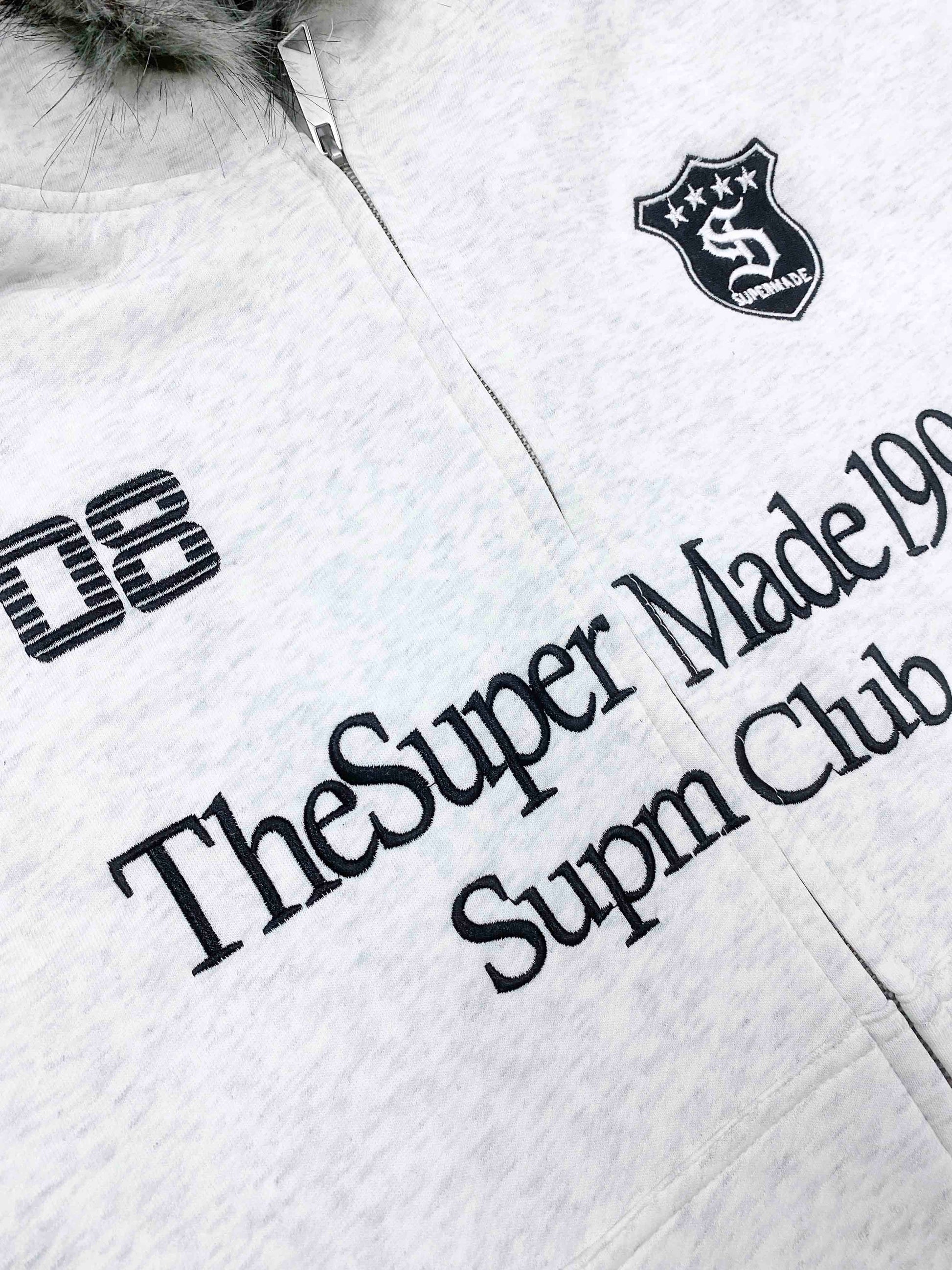 Letter Medal Embroidered Cardigan Fur Collar Hooded Sweatshirt - 2502