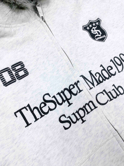 Letter Medal Embroidered Cardigan Fur Collar Hooded Sweatshirt - 2502