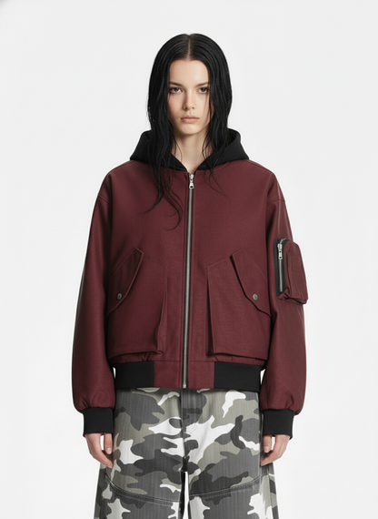 Patchwork Faux Leather Hooded Two-Piece Jacket