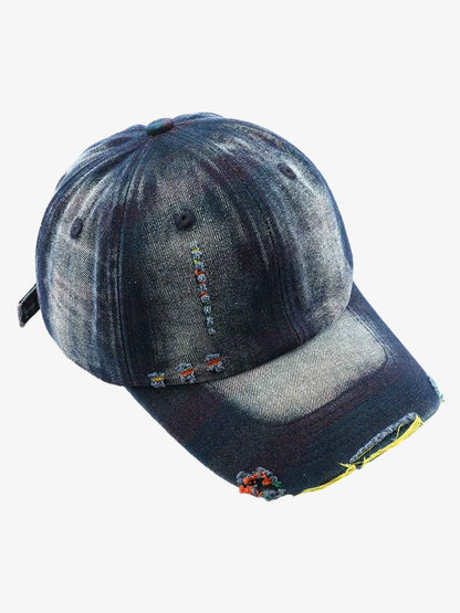 Denim Baseball Cap with Distressed Design and Colorful Stitching for Casual Wear?