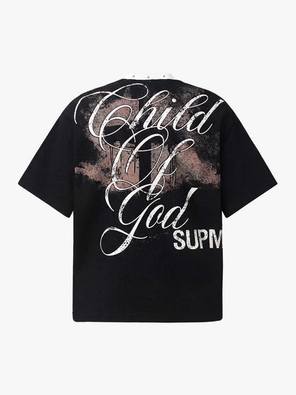 Cotton Blend Oversized Graphic T-Shirt with Cross Print and Embellished Collar?