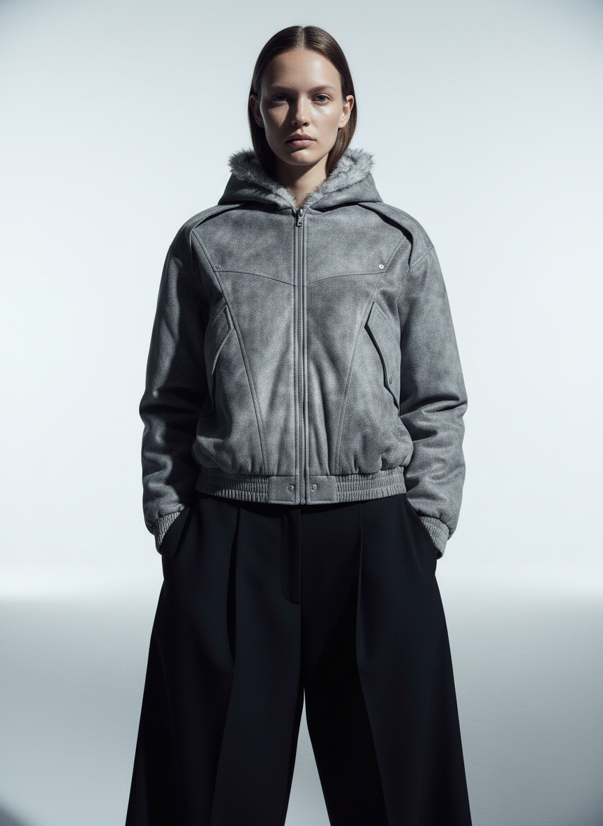 Faux Suede Vintage Wash Fur Hood Padded Jacket