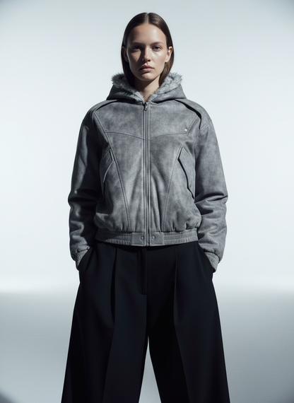 Faux Suede Vintage Wash Fur Hood Padded Jacket