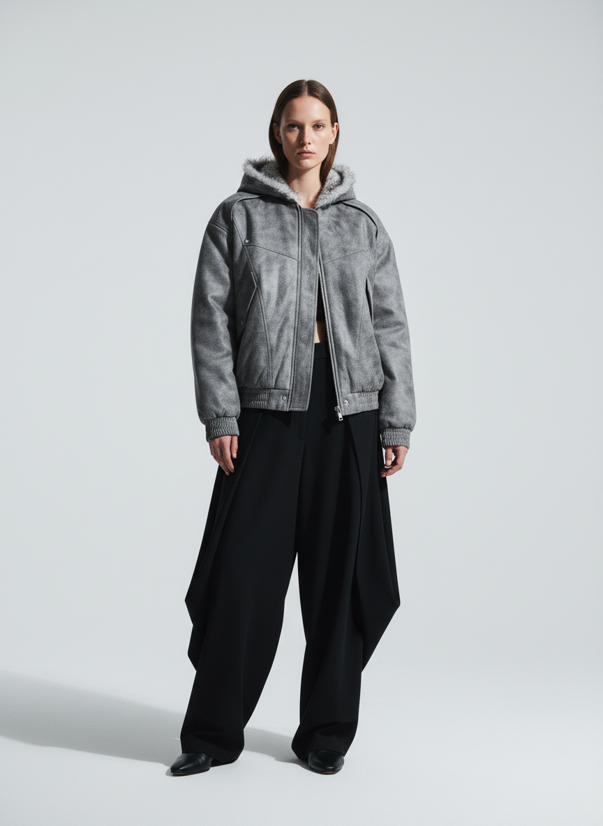 Faux Suede Vintage Wash Fur Hood Padded Jacket