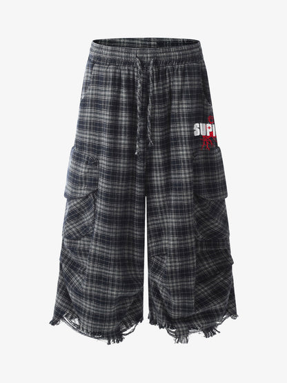 Cotton Plaid Wide Leg Culottes with Frayed Hem and Cargo Pockets?