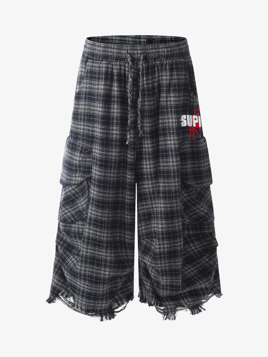 Cotton Plaid Wide Leg Culottes with Frayed Hem and Cargo Pockets?