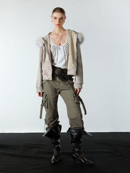 Cheetah Zipper Cardigan Fur Hooded Jacket