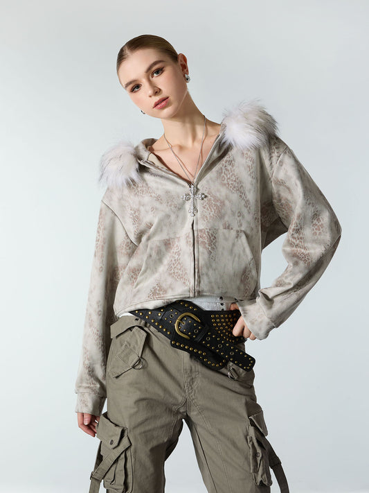 Cheetah Zipper Cardigan Fur Hooded Jacket