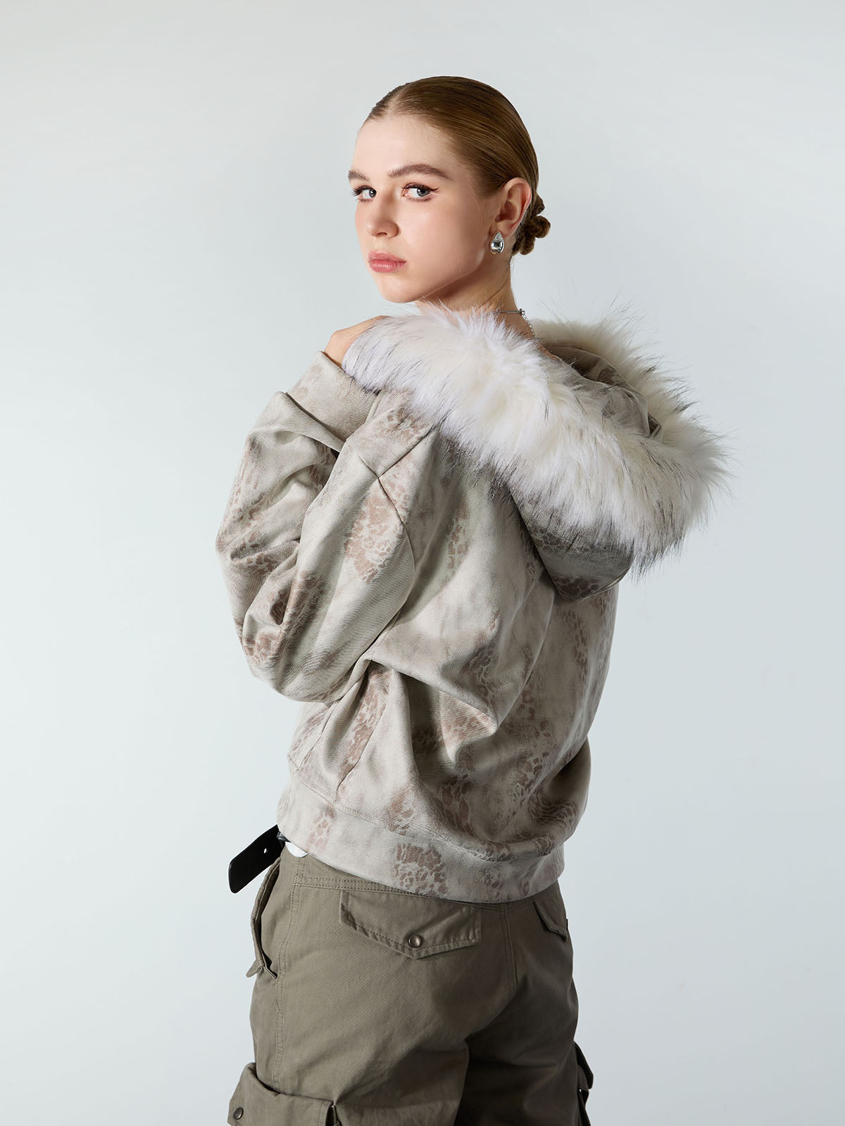 Cheetah Zipper Cardigan Fur Hooded Jacket