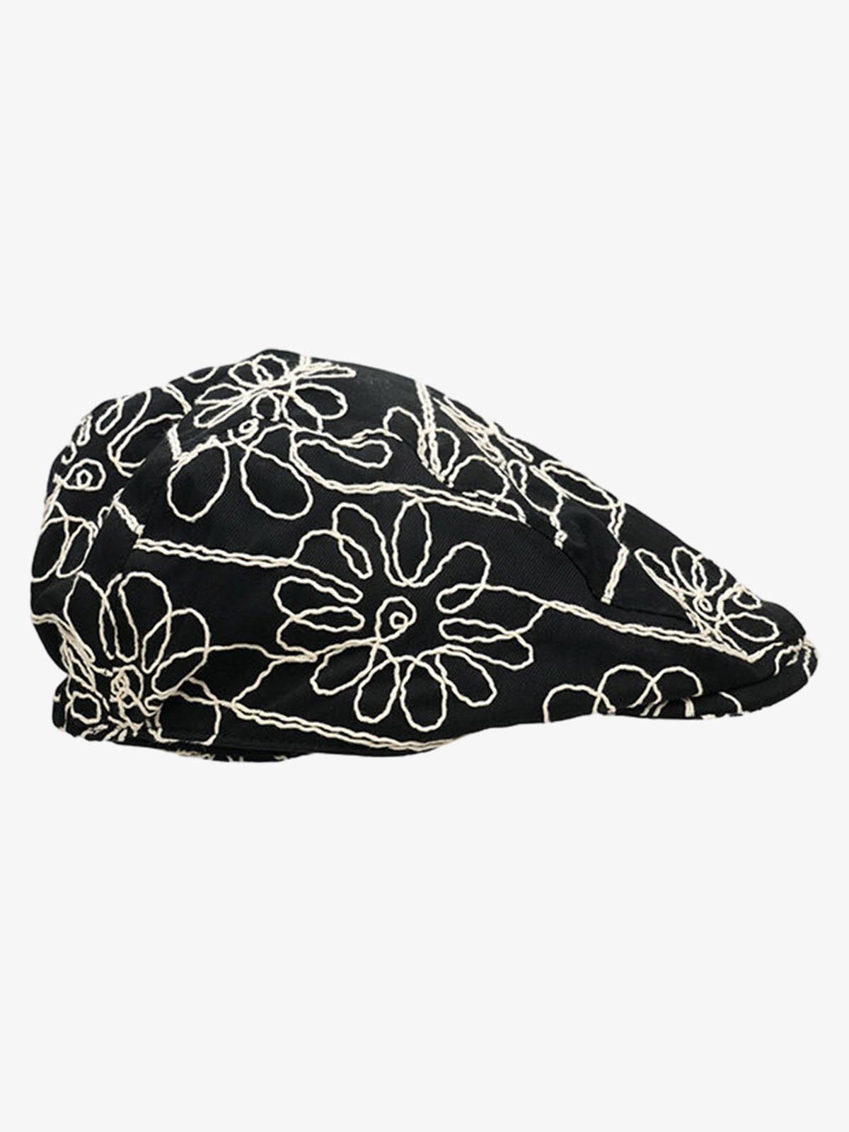 Cotton Embroidered Floral Flat Cap for Women - Black with Cream Stitching?