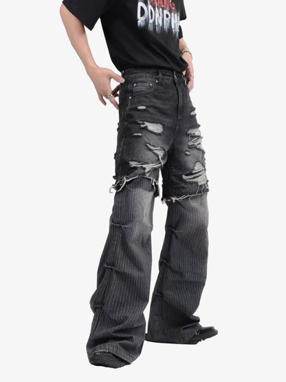 Denim Ripped Layered Flare Pants with Distressed Details 