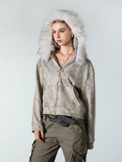 Cheetah Zipper Cardigan Fur Hooded Jacket