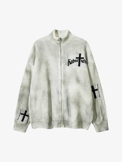 Ribbed Knit Dirty Dyed Embroidery Cross Sweater 