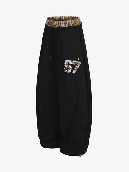Retro Double-Waist Leopard Patch Barrel Pants