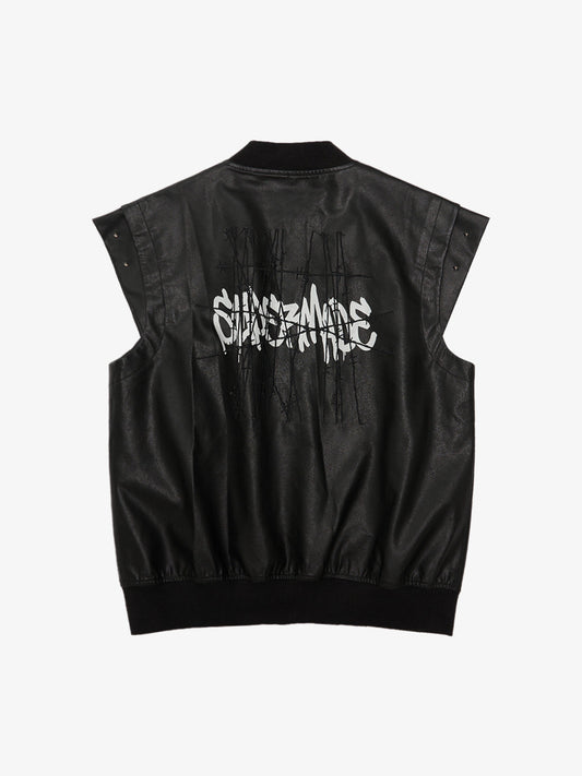 Thorn Destruction Frame Pattern Leather Vest 