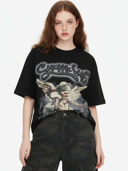 Retro Cupid Rhinestone Graphic T-Shirt