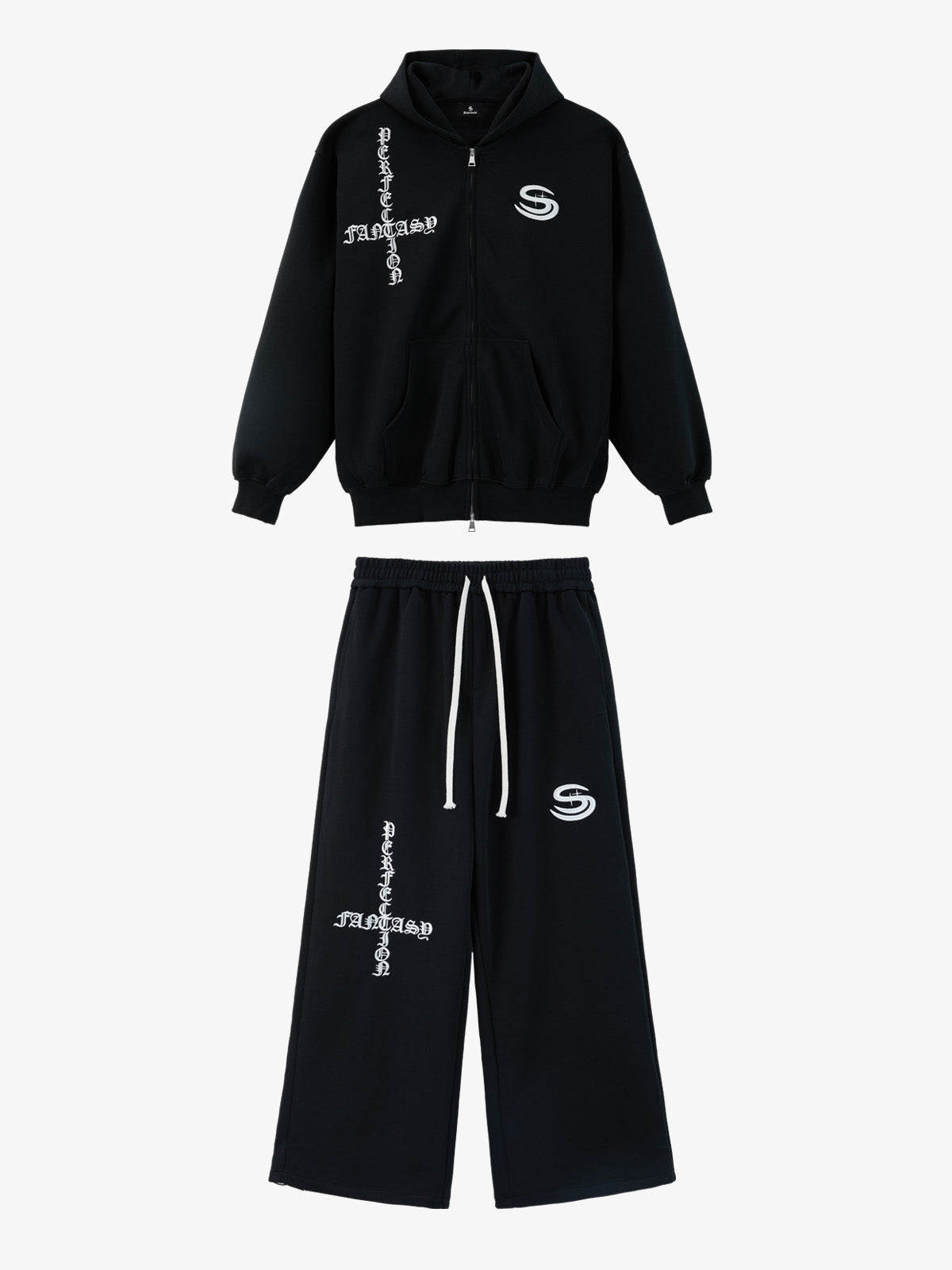 Gothic Letter Cross Embroidery Zip Up Hoodie and Sweatpants Set