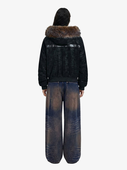 Retro Detachable Faux Fur Collar Suede Fleece Hoodie Jacket