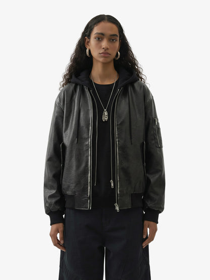 Retro Distressed Washed PU Leather Cotton Jacket