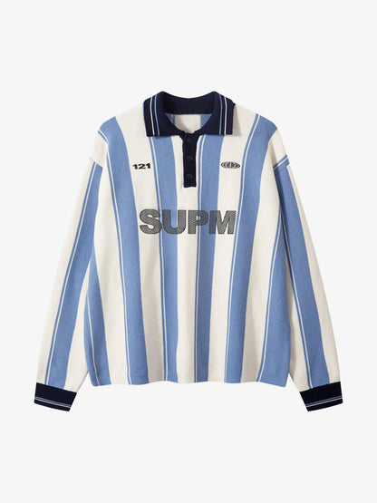 Retro Striped Polo Collar Sports Jersey Knit Sweater