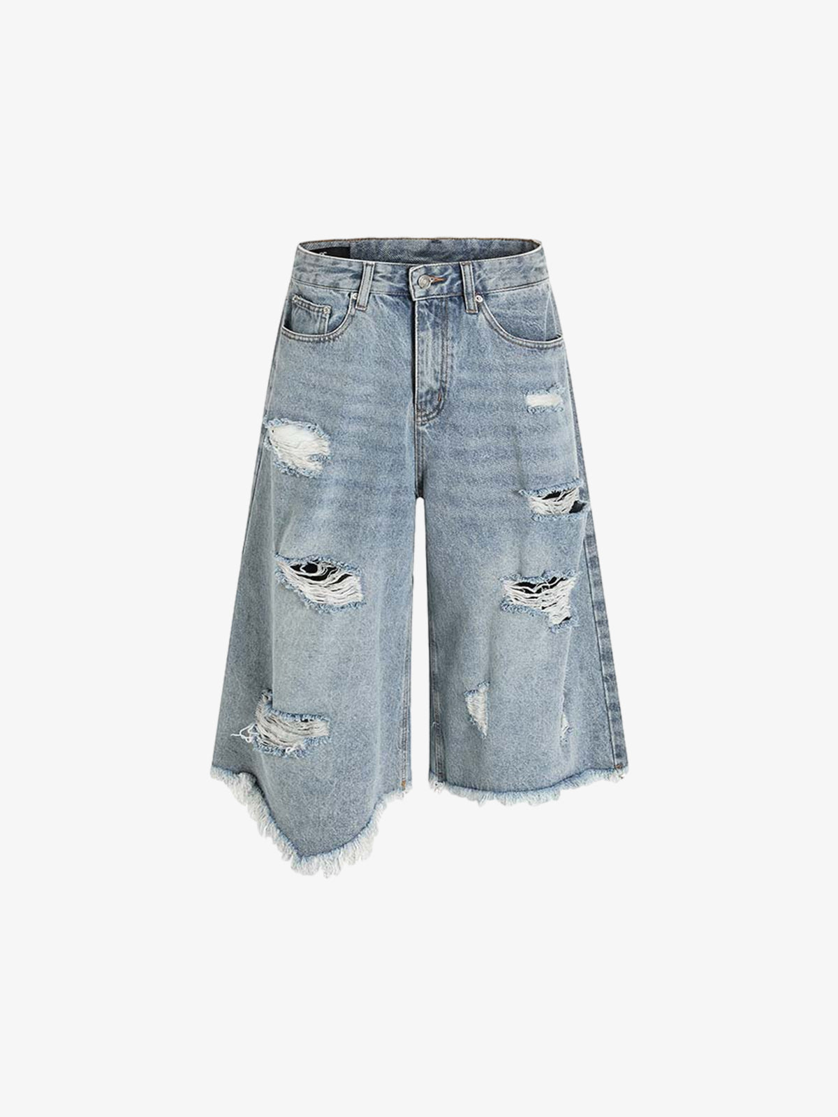Denim Wide-Leg Cropped Pants with Distressed Rips and Frayed Hem?