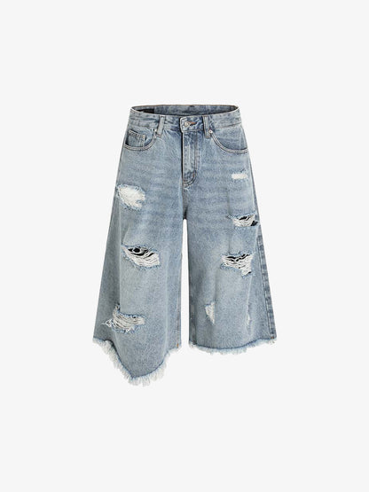 Denim Wide-Leg Cropped Pants with Distressed Rips and Frayed Hem?