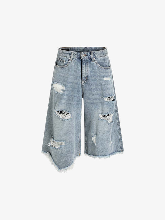 Denim Wide-Leg Cropped Pants with Distressed Rips and Frayed Hem?