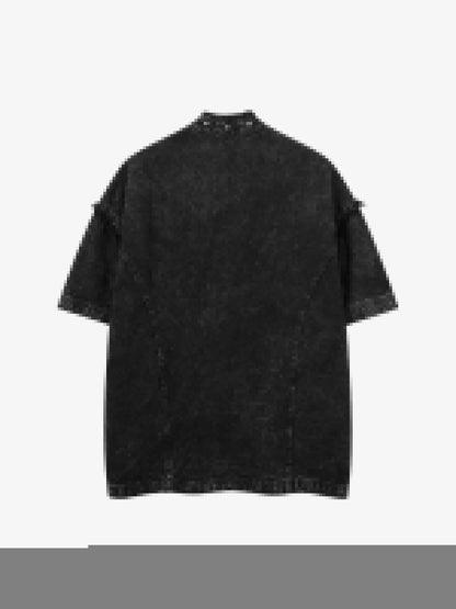 Rivet Deconstructed Split Stitching Denim Short-sleeved Shirt 