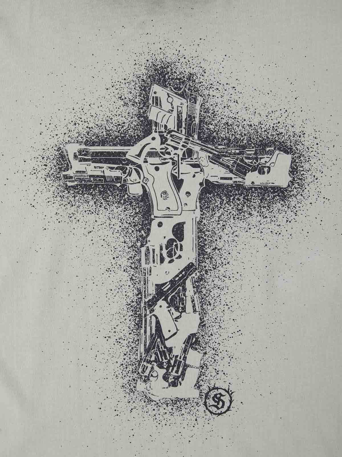 Supermade Distressed Rebellious Gun and Cross Print T-Shirt?