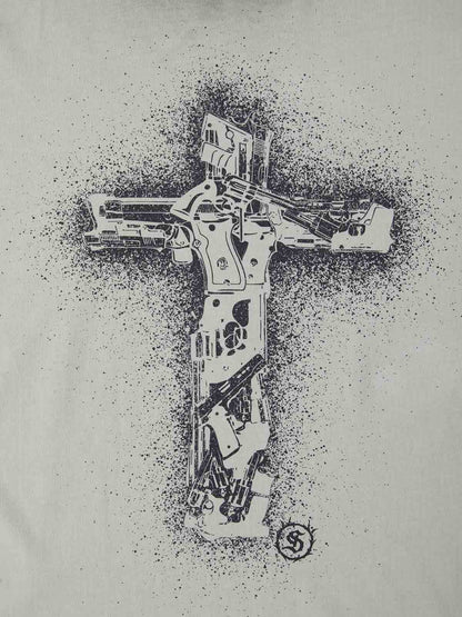 Supermade Distressed Rebellious Gun and Cross Print T-Shirt?