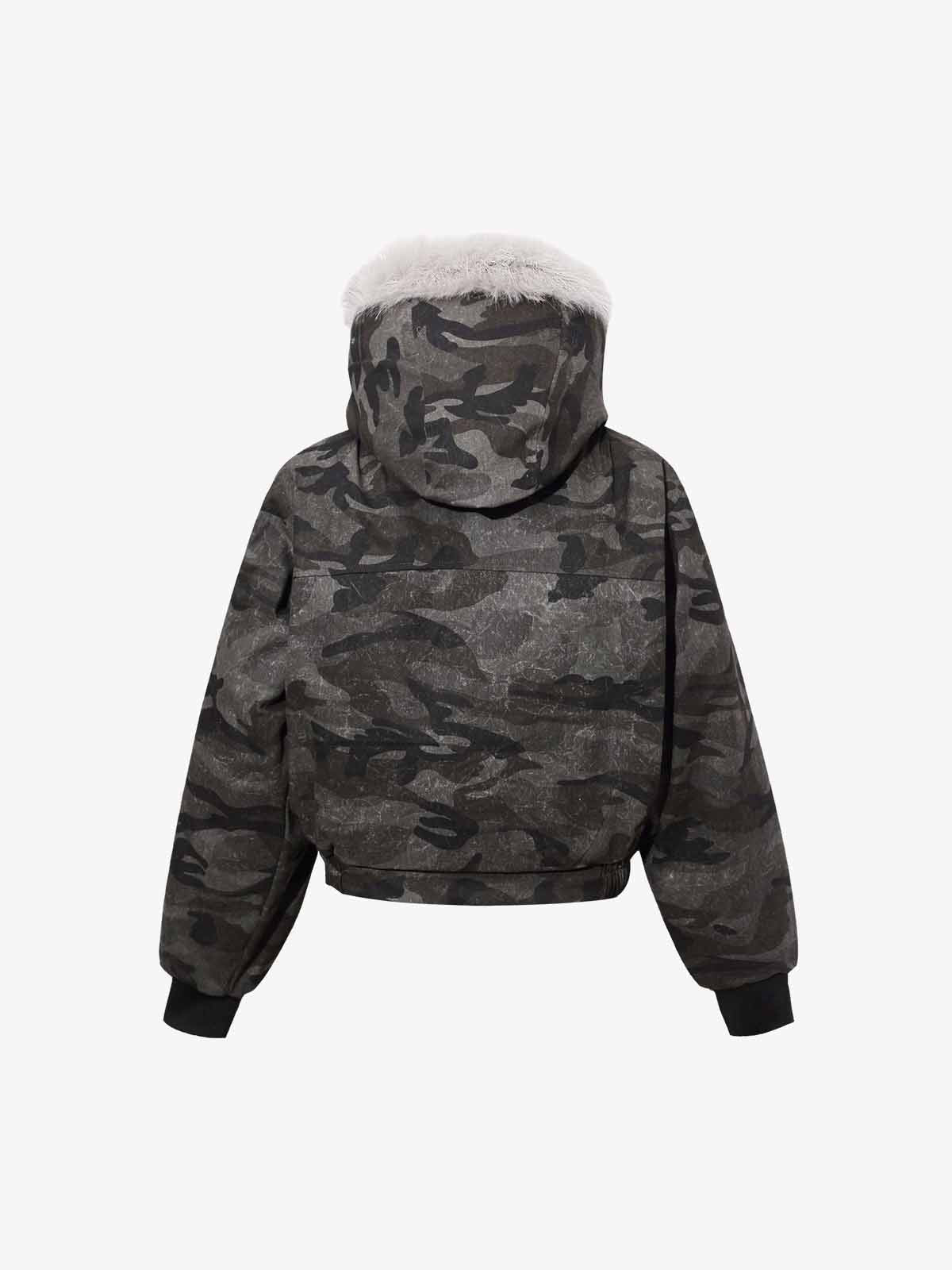 Vintage Camo Faux Fur Hood Padded Bomber Jacket 