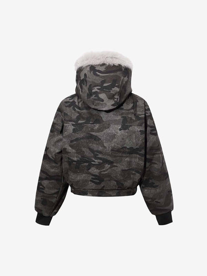 Vintage Camo Faux Fur Hood Padded Bomber Jacket 