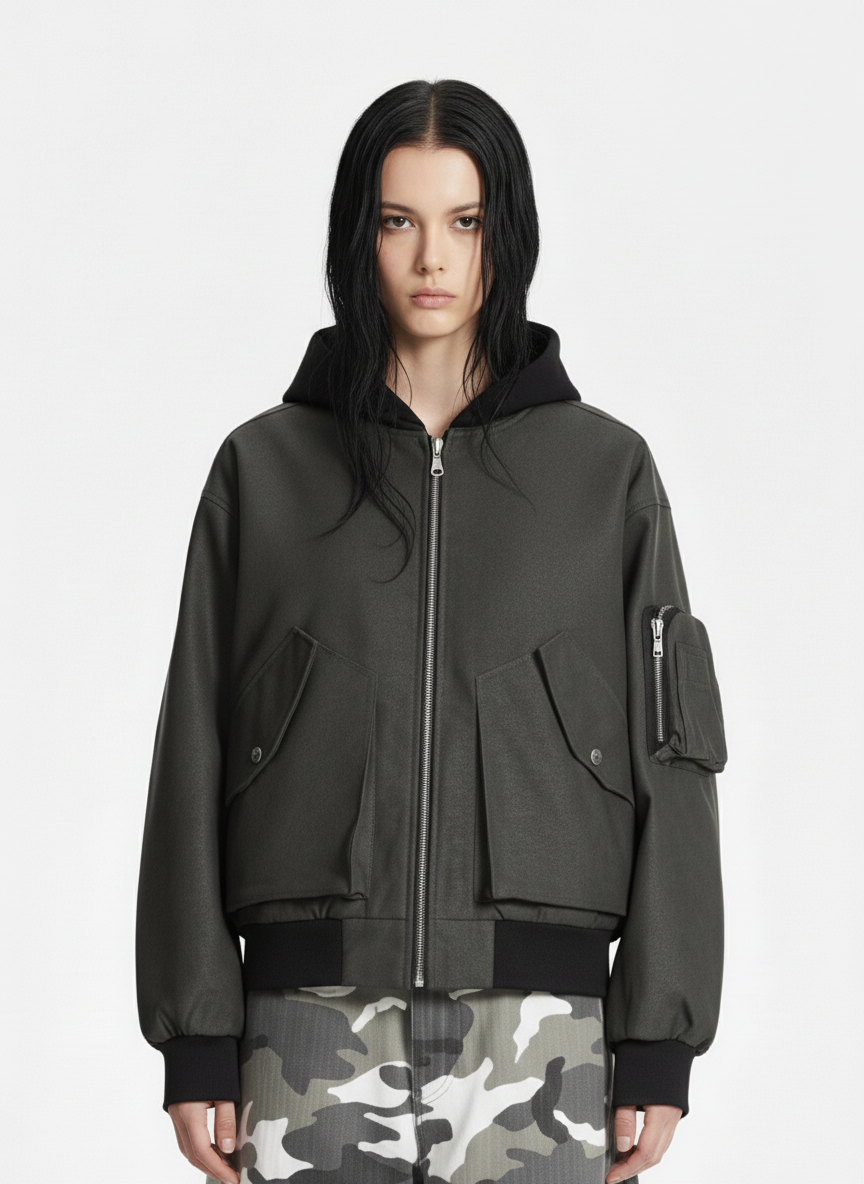 Patchwork Faux Leather Hooded Two-Piece Jacket