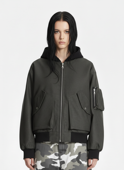 Patchwork Faux Leather Hooded Two-Piece Jacket