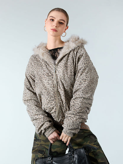 Cotton Cheetah Print Mink Fur Hooded Jacket - 2270
