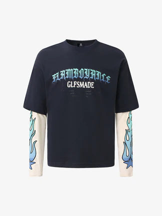 Gradient Letter Print Patchwork Faux Two-Piece Long-Sleeved T-Shirt