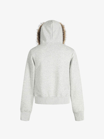 Thesupermade American Retro Gradient Letter Print Splicing Cardigan Fur Collar Coat