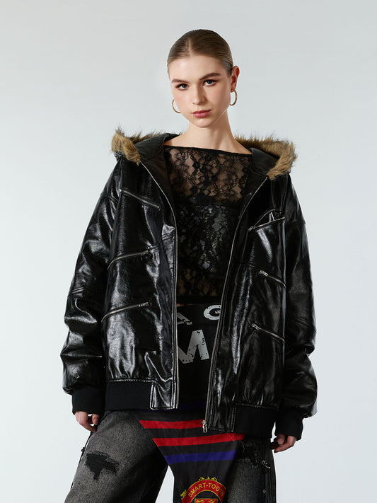 Multi-Zip Fur Hooded Leather Jacket