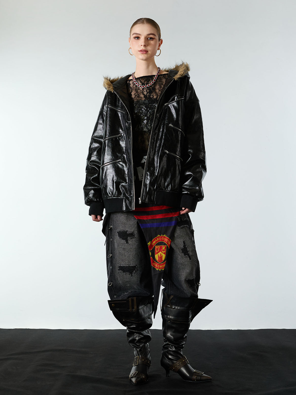 Multi-Zip Fur Hooded Leather Jacket