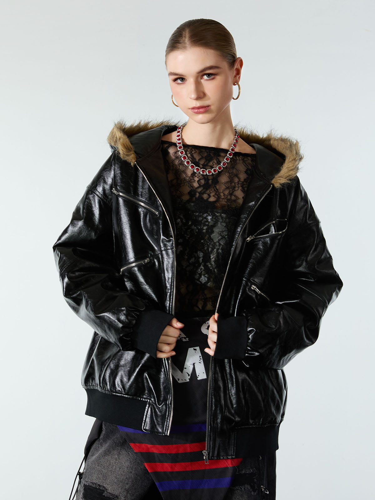 Multi-Zip Fur Hooded Leather Jacket