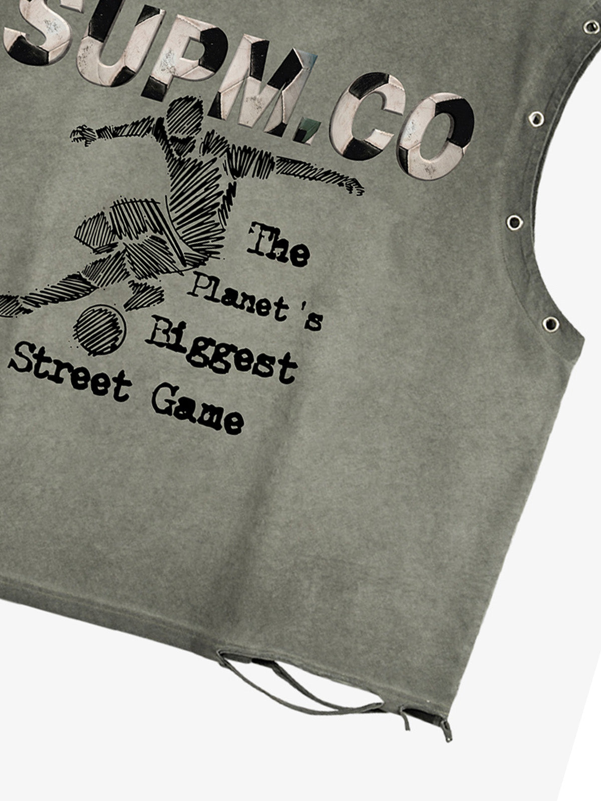 Distressed streetwear style loose sleeveless vest, decorated with a soccer print pattern and distressed and washed details, with metal eyelet details. 